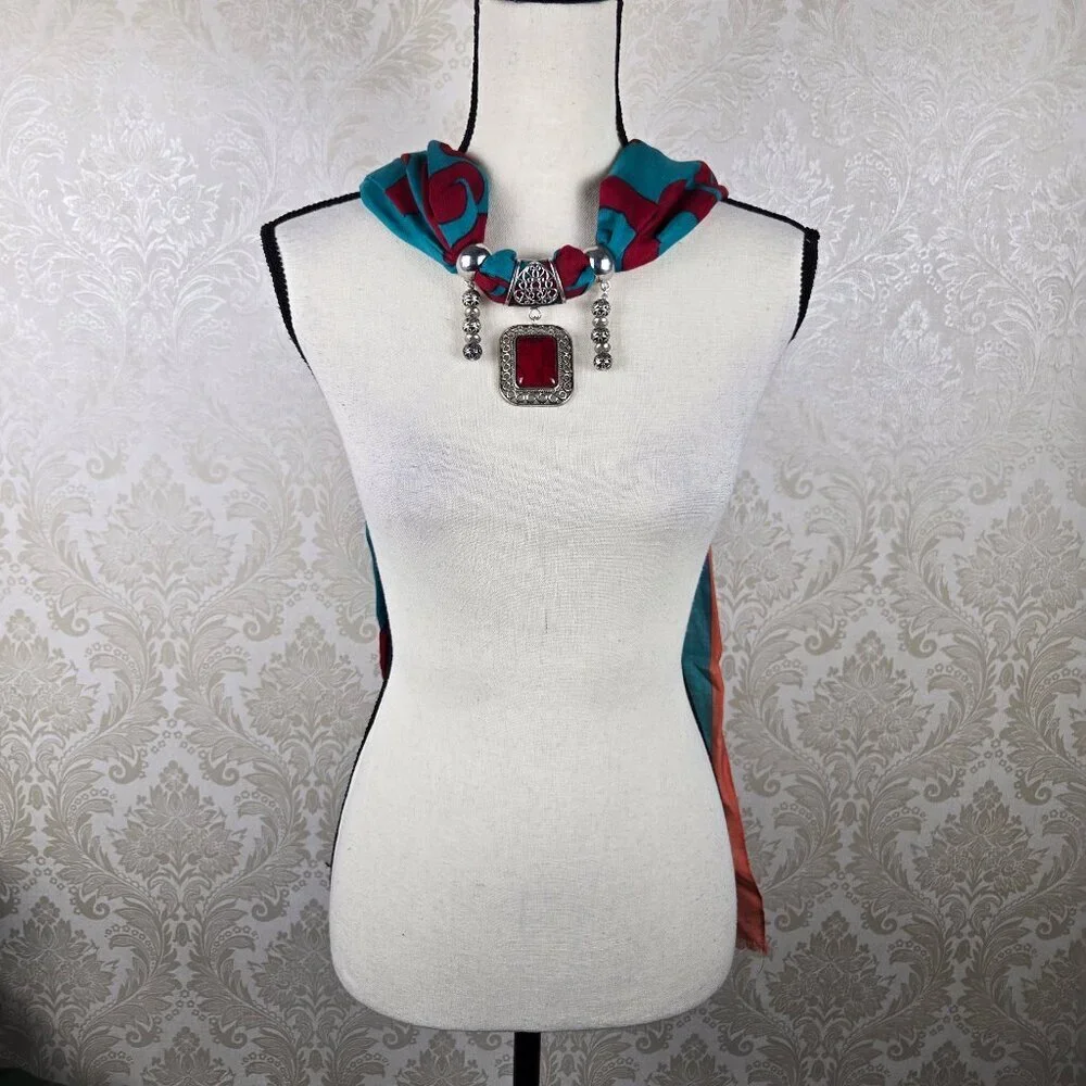 Red Turquoise Coral Infiniti Style Versatile Scarf Silver/Red Jewelry Embellish